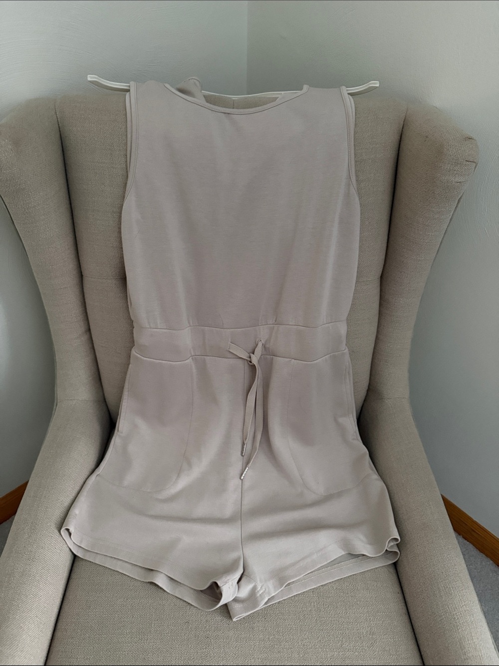 Sleeveless Drawstring Romper in Light Beige